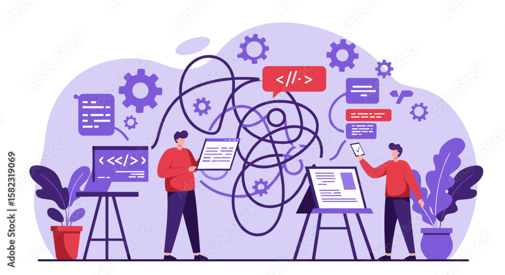 Poster flat style teamwork and problem solving in software development concept art
