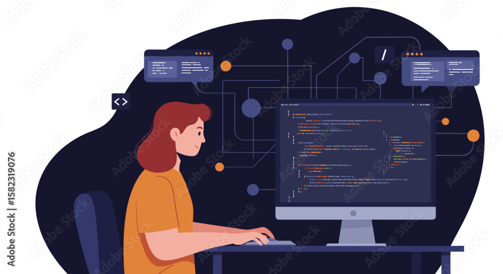 Poster female developer coding on desktop computer in modern flat design