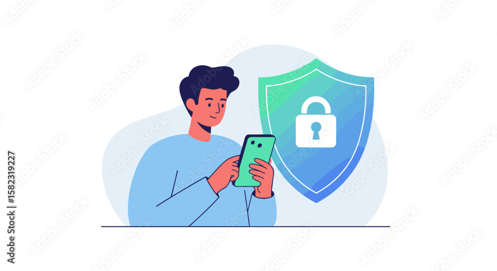 Poster man using smartphone for secure communication with shield symbol