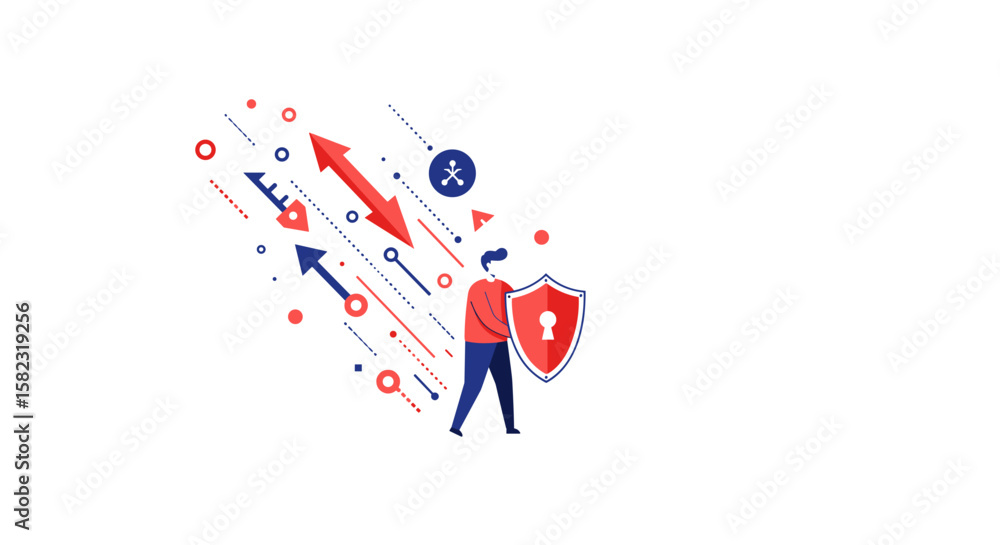 Poster cybersecurity concept with man holding shield and arrows in abstract style