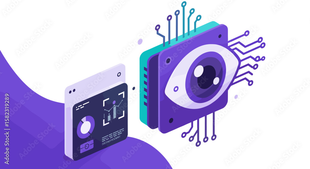 Poster isometric technology concept: ai eye with circuitry and data interface in purple tones