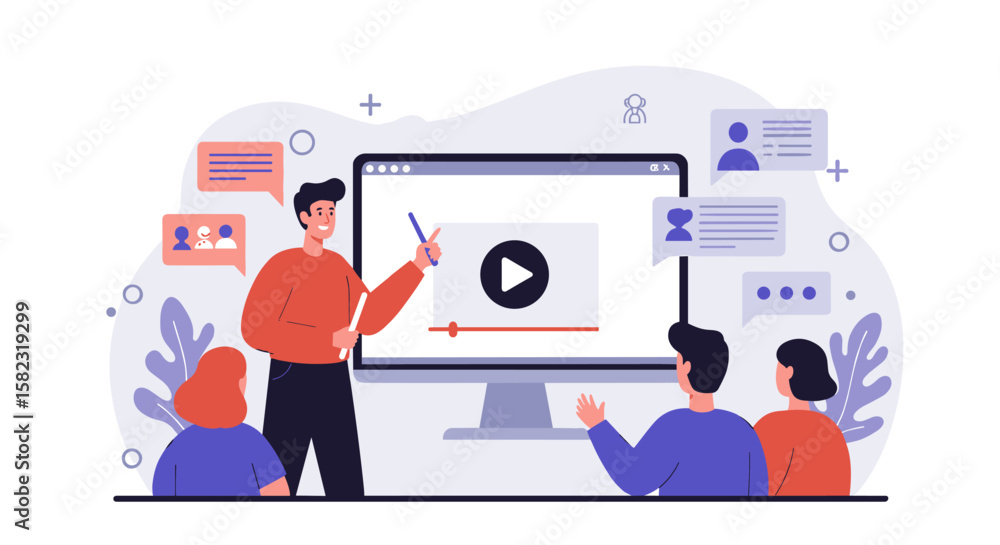 Poster online learning presentation with video content and interactive discussion
