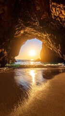 Sunlit beach cave at sunset