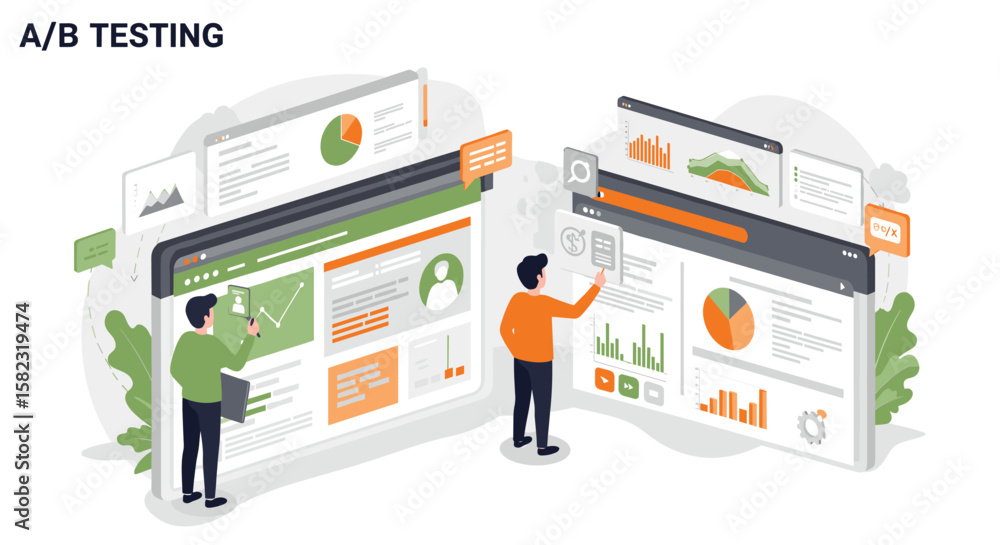 Poster isometric a/b testing concept with business analytics and website design