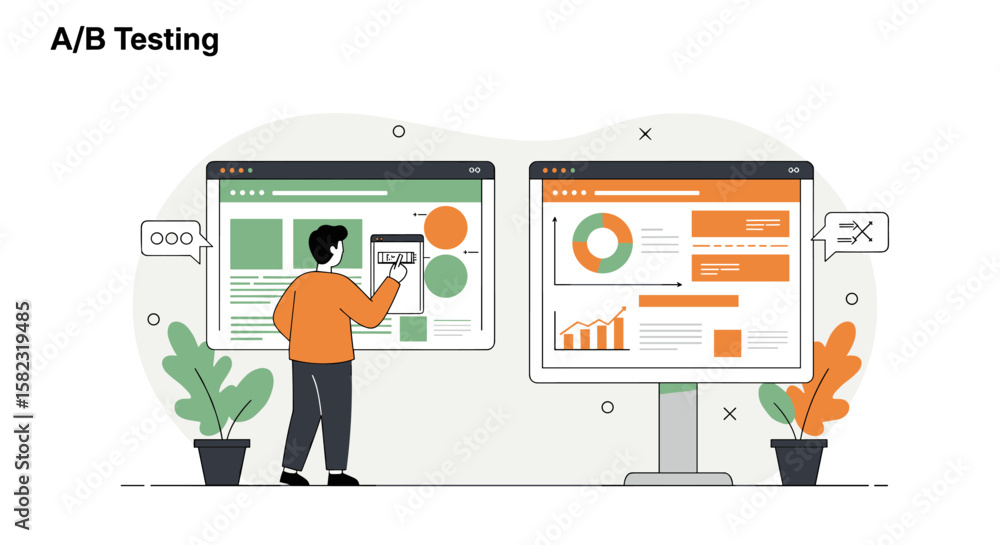 Poster ab testing concept with analytics on computer screens in modern flat design