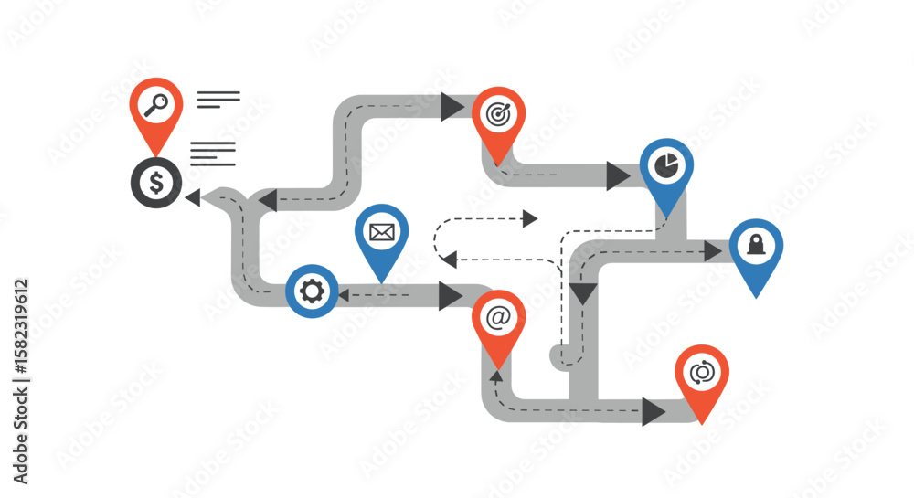 Poster business workflow diagram with icons and arrows in flat design