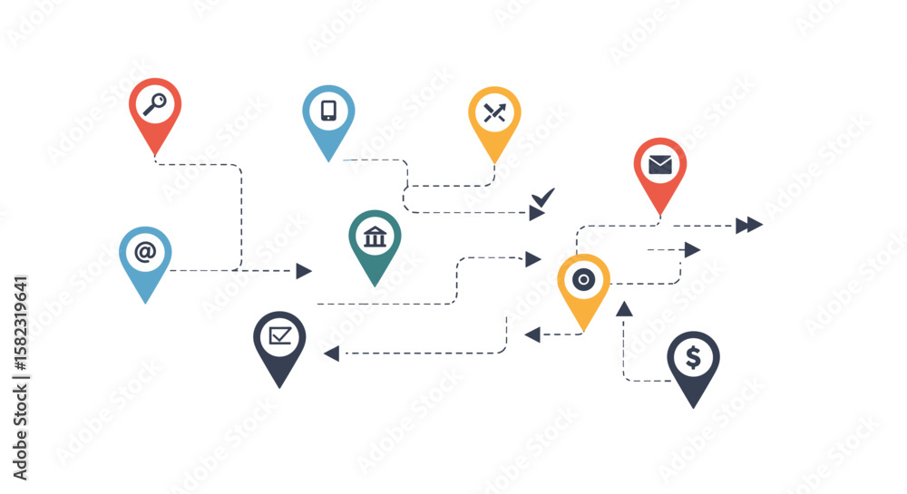 Poster interactive map with colorful location pins and dotted paths for business and communication design