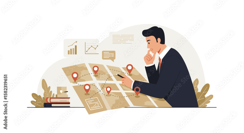 Poster businessman analyzing geographical data on map with graphs