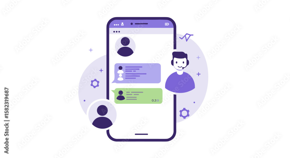 Poster modern messaging app interface with user chat avatars and notifications