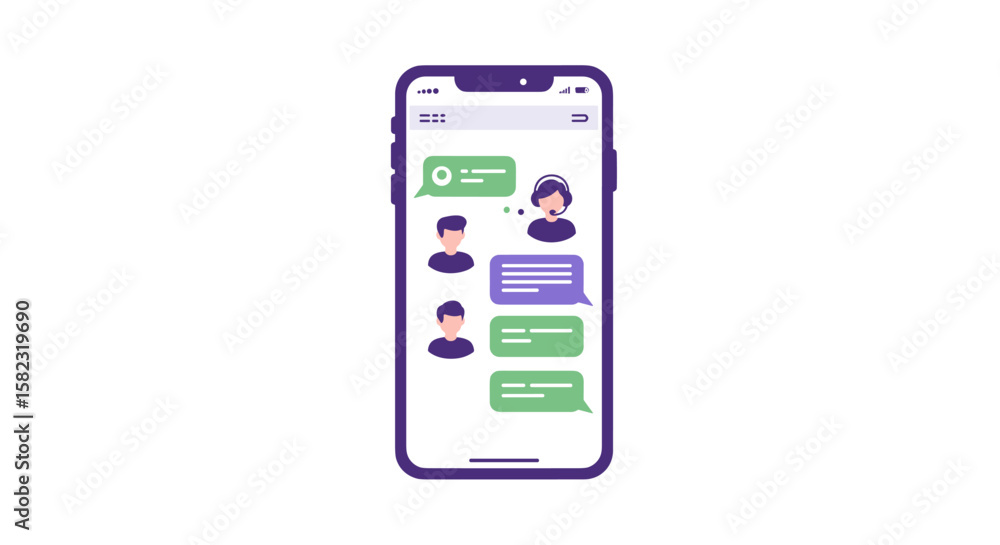 Poster colorful chat app interface on smartphone screen with user avatars in flat style