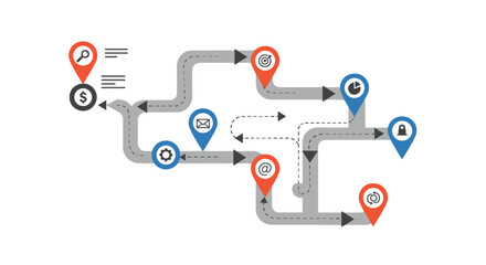 Fototapeta premium Business workflow diagram with icons and arrows in flat design