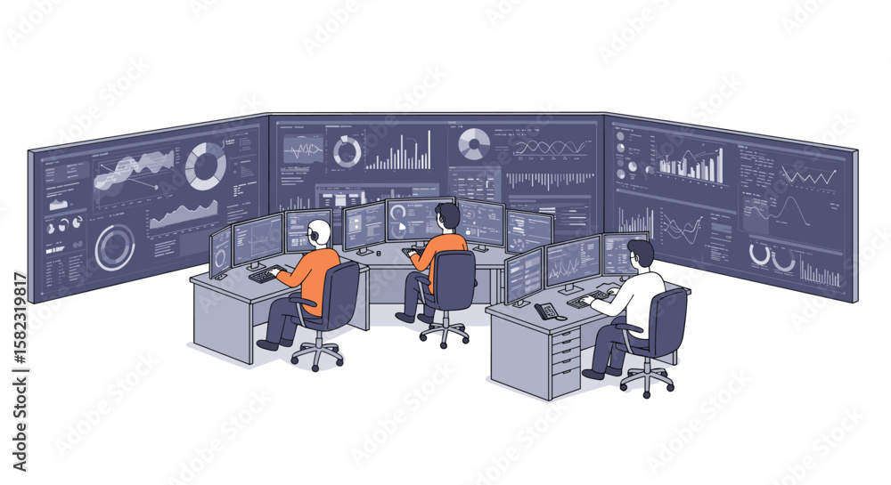 Poster isometric control room with data analysis screen displays and operators