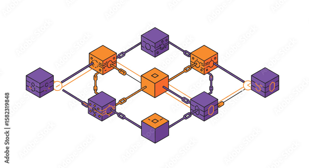 Poster isometric blockchain network design with connected blocks in purple and orange