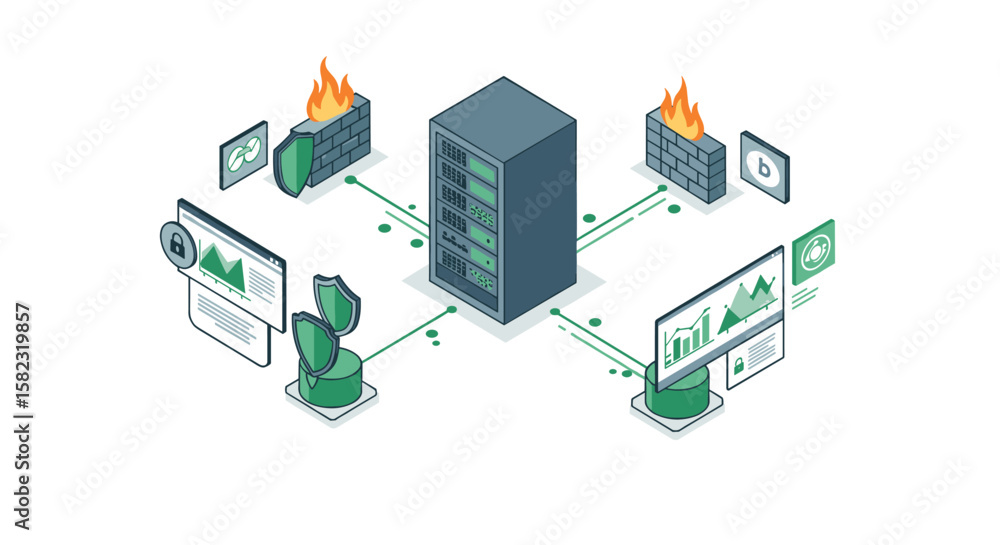 Poster isometric data security network with firewall and server elements
