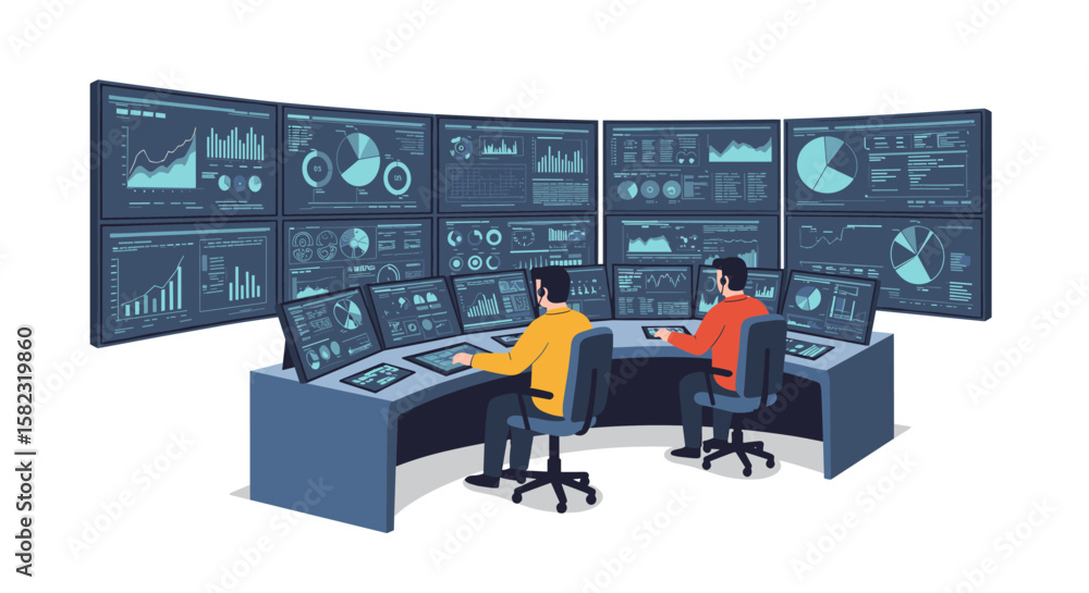 Poster modern control room with multiple displays showcasing data analytics and graphs