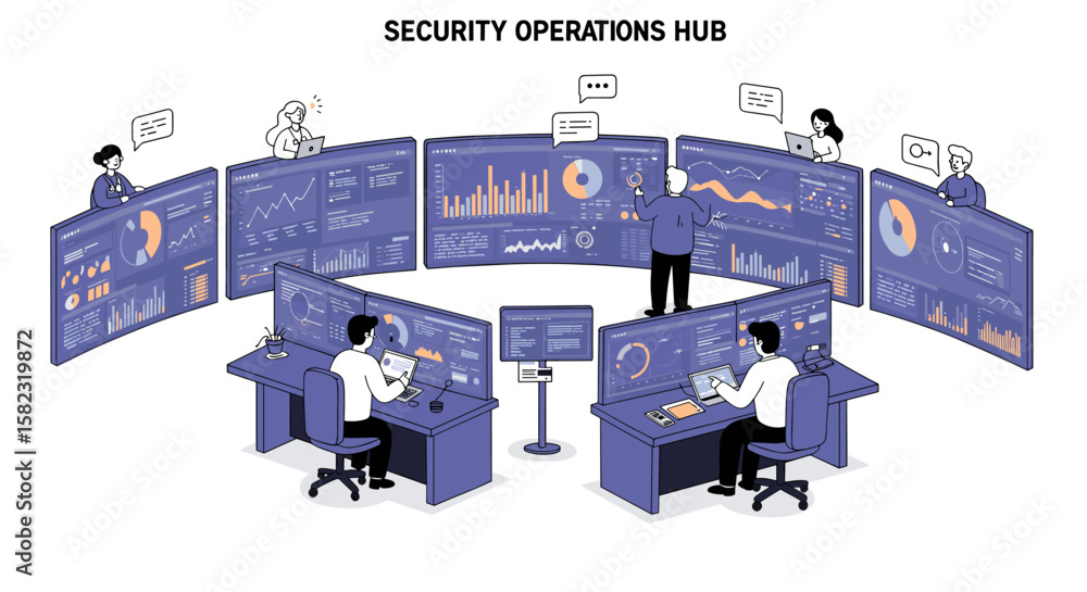 Poster security operations hub with analysts monitoring digital dashboards and data