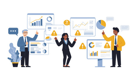 Business team analyzing data charts in office setting with graphs and infographics