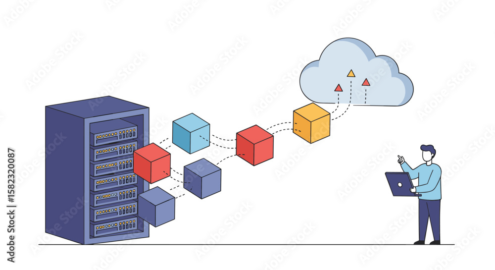 Poster cloud computing concept with data migration and it specialist in flat design
