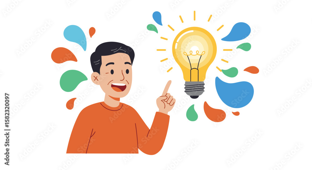 Poster creative idea concept with cheerful character and light bulb in colorful style