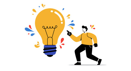 Conceptual flat design of person pointing at giant light bulb for innovation and creativity