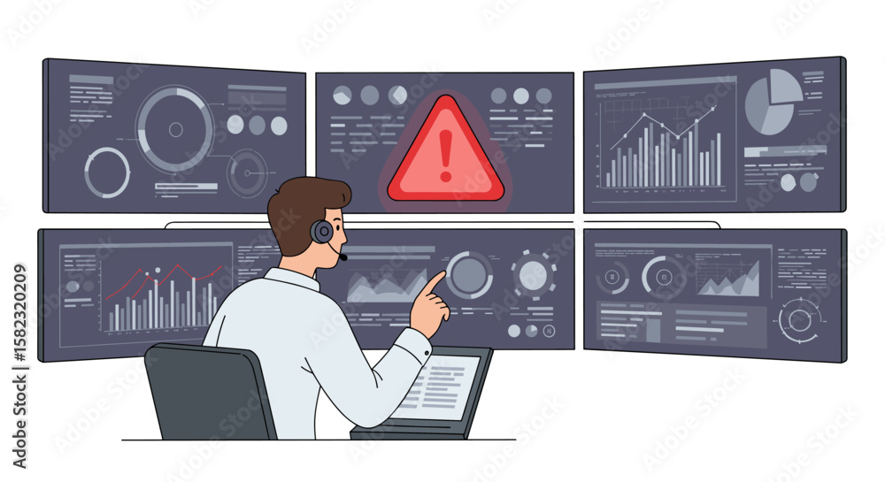 Poster cybersecurity analyst monitoring alert on multiple screens in control room