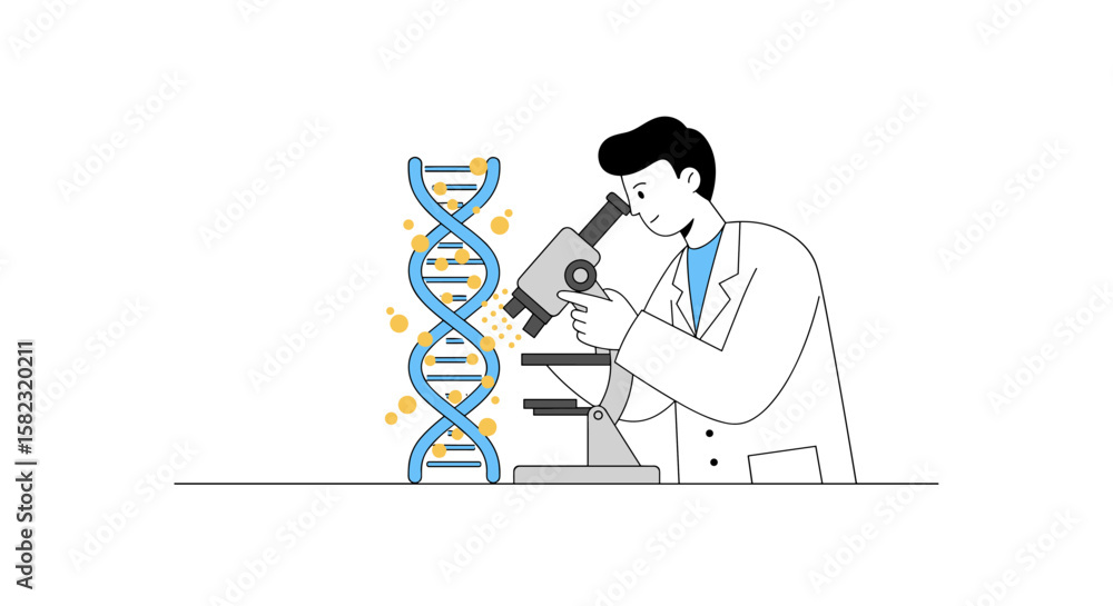 Aufkleber scientist analyzing dna helix with microscope in modern flat design
