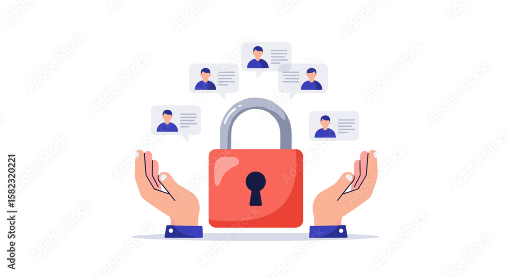 Poster secure online communication concept with lock and speech bubble avatars