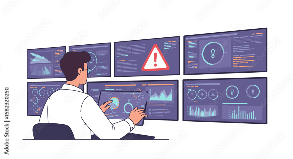 Poster analyst monitoring cybersecurity dashboard with alerts and graphs