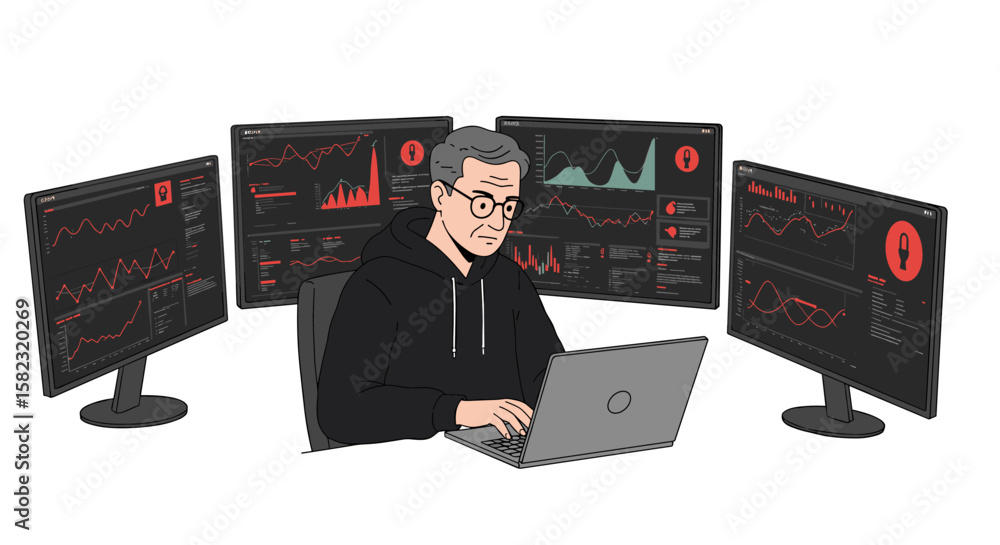 Poster trader analyzing stocks on multiple monitors in modern workspace