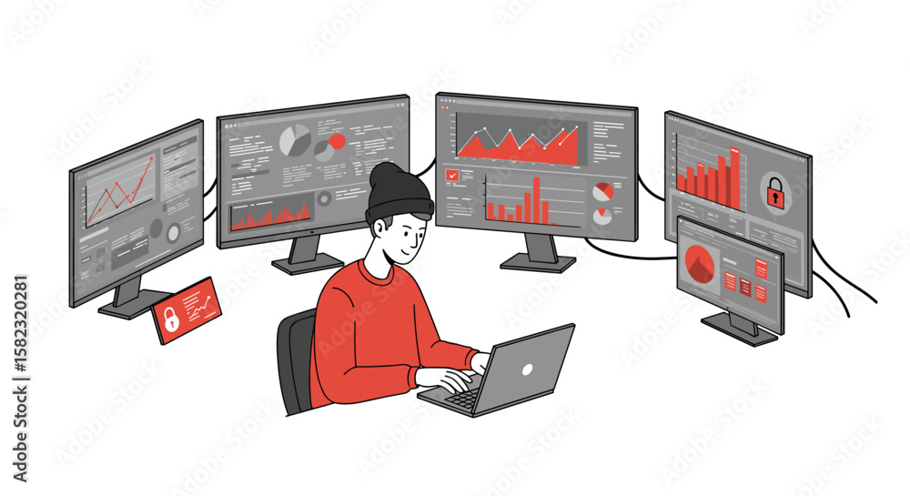 Poster data analyst monitoring multiple screens with graphs and charts in a modern workspace