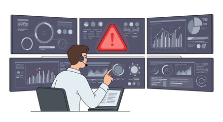 Cybersecurity analyst monitoring alert on multiple screens in control room