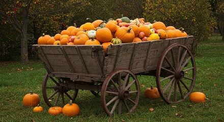 Wooden wagon filled with pumpkins. Orange pumpkins in a rustic cart. Harvest scene with pumpkins on grass. Autumnal background with trees. Seasonal produce display.