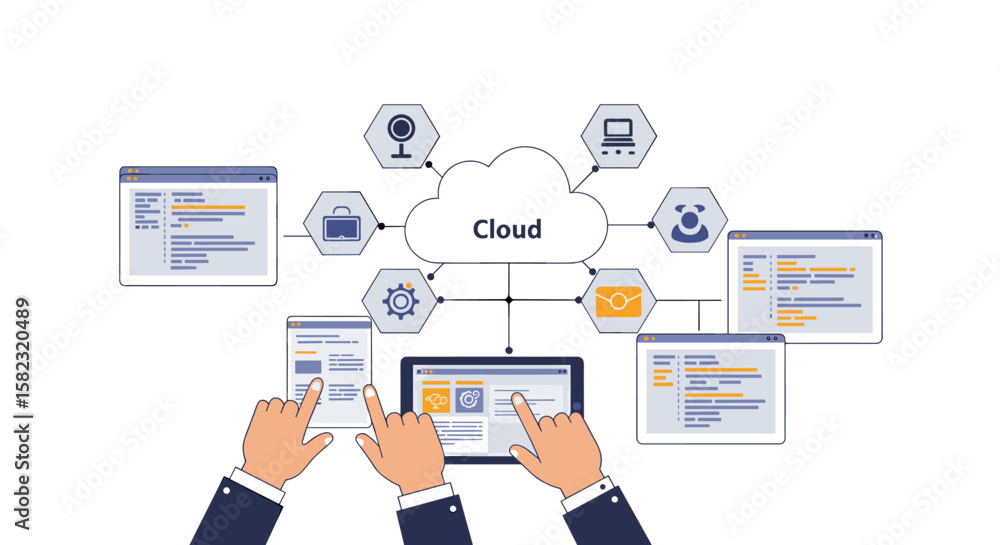 Poster flat design cloud computing concept with hands interacting on digital devices for data management