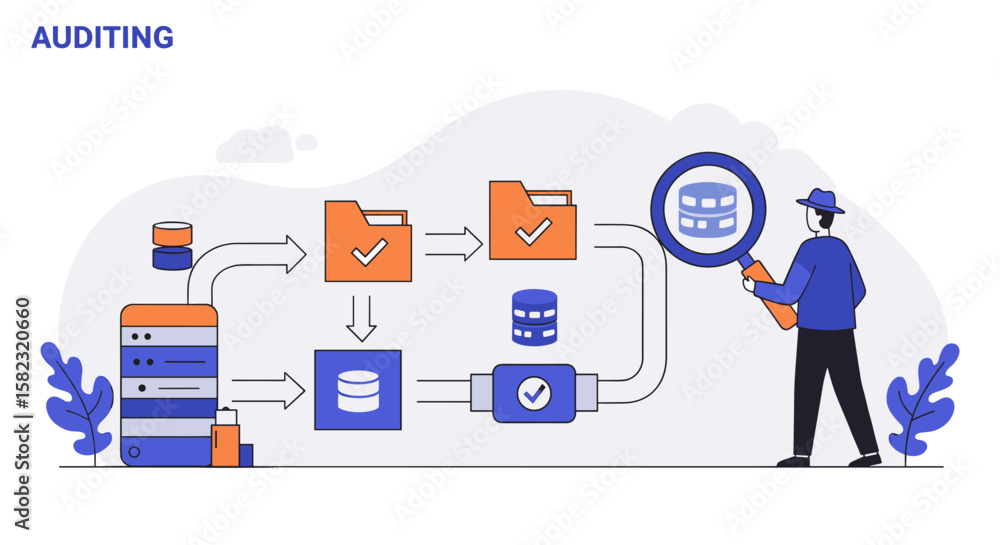 Poster auditing workflow concept with data analysis icons and magnifying glass in flat design
