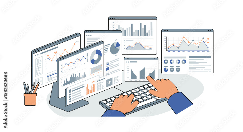 Poster data analytics visualization dashboard with key metrics in modern office setup