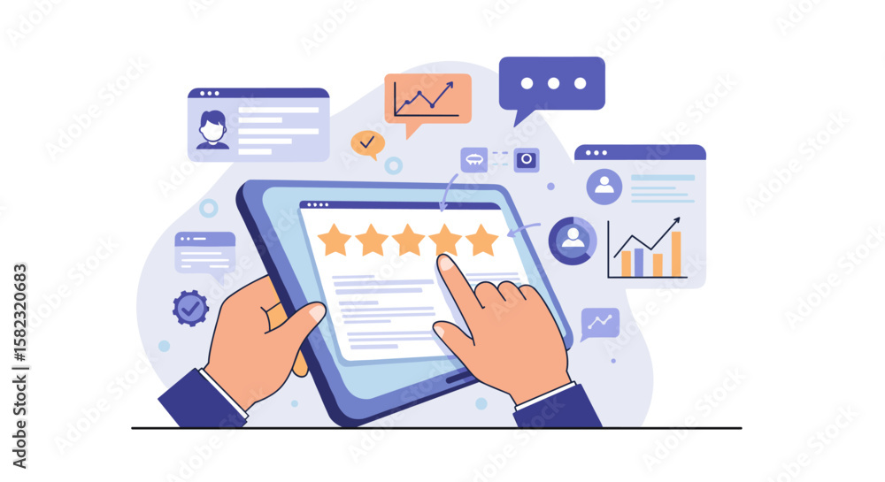 Poster flat style user feedback and rating concept with hands and tablet