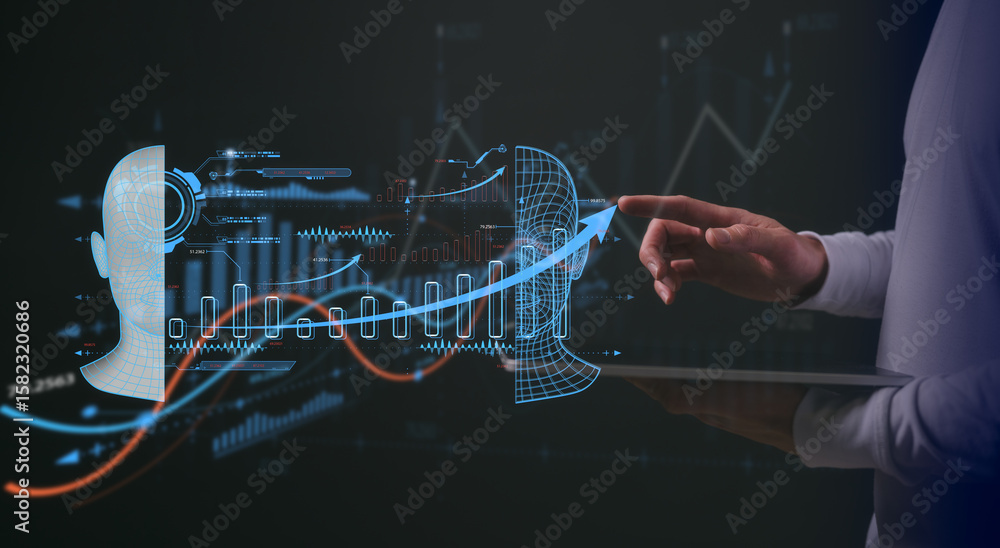Poster ai concept, man using digital tablet and ai icons in digital transformation technology strategy inte