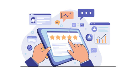 Flat style user feedback and rating concept with hands and tablet
