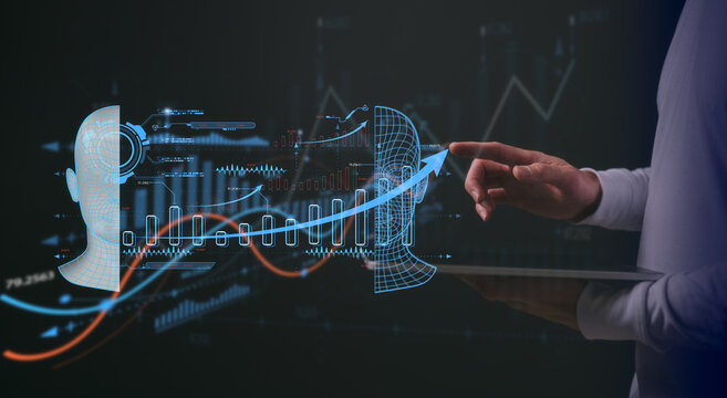 Ai concept, man using digital tablet and ai icons in Digital transformation technology strategy internet of things. transformation of ideas adoption of technology in business in the digital age