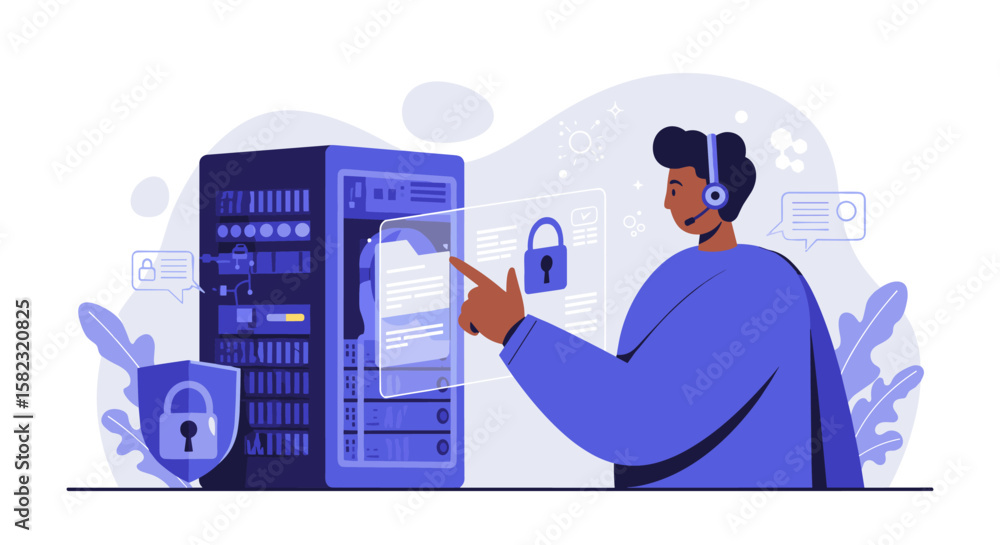 Poster digital security specialist managing data access in a futuristic interface