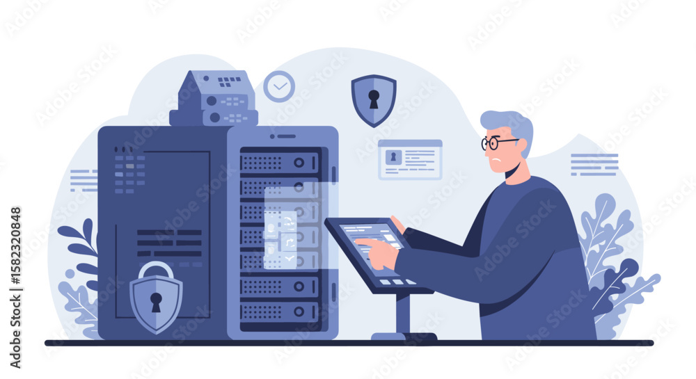 Poster cybersecurity expert managing data center with advanced digital interface