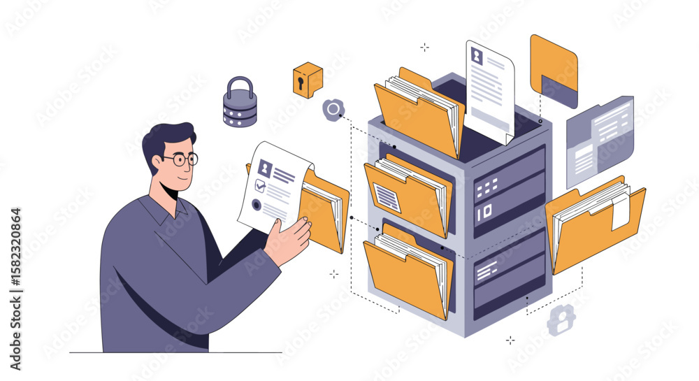 Poster data management concept with person organizing digital files on a cloud server