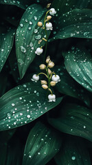 Lily of valley flowers with raindrops on lush green leaves create serene and fresh atmosphere. delicate white blooms stand out against deep green foliage