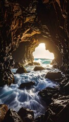 Sunlit cave opening onto churning ocean