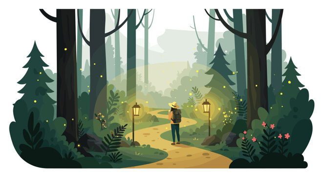 Tranquil forest adventure with lanterns and fireflies in flat design