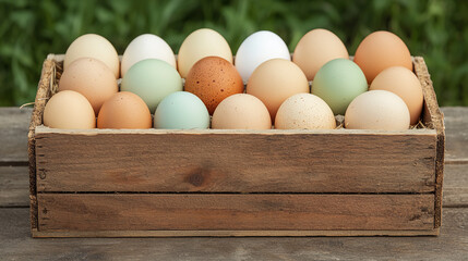 A wooden crate filled with a variety of fresh, multicolored farm eggs arranged in rows on a rustic wooden surface.