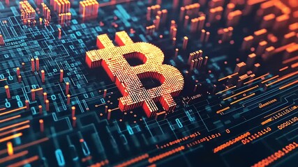Digital representation of Bitcoin symbol surrounded by glowing data in a futuristic technology landscape - Powered by Adobe
