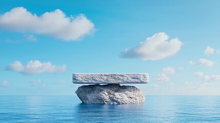 A large flat stone slab rests atop a rugged rock formation in calm ocean waters under a bright blue sky with scattered fluffy clouds.