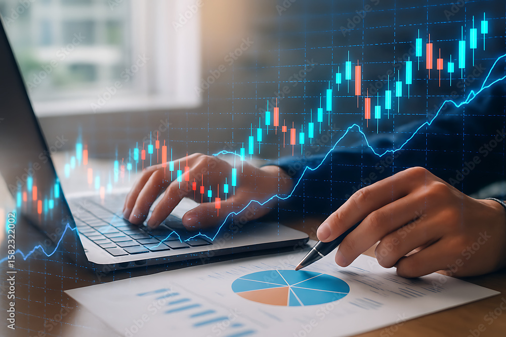 Poster financial data analysis with stock market growth graph on computer screen and business hand using pe