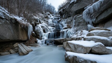 Winter waterfall with icicles frozen rocks create beautiful landscape. AI generated.